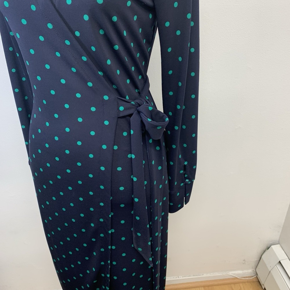 Ann Taylor Wrap Dress Navy Green Polka Dot Sz 4 Below Knee Business Travel Work - Picture 3 of 7